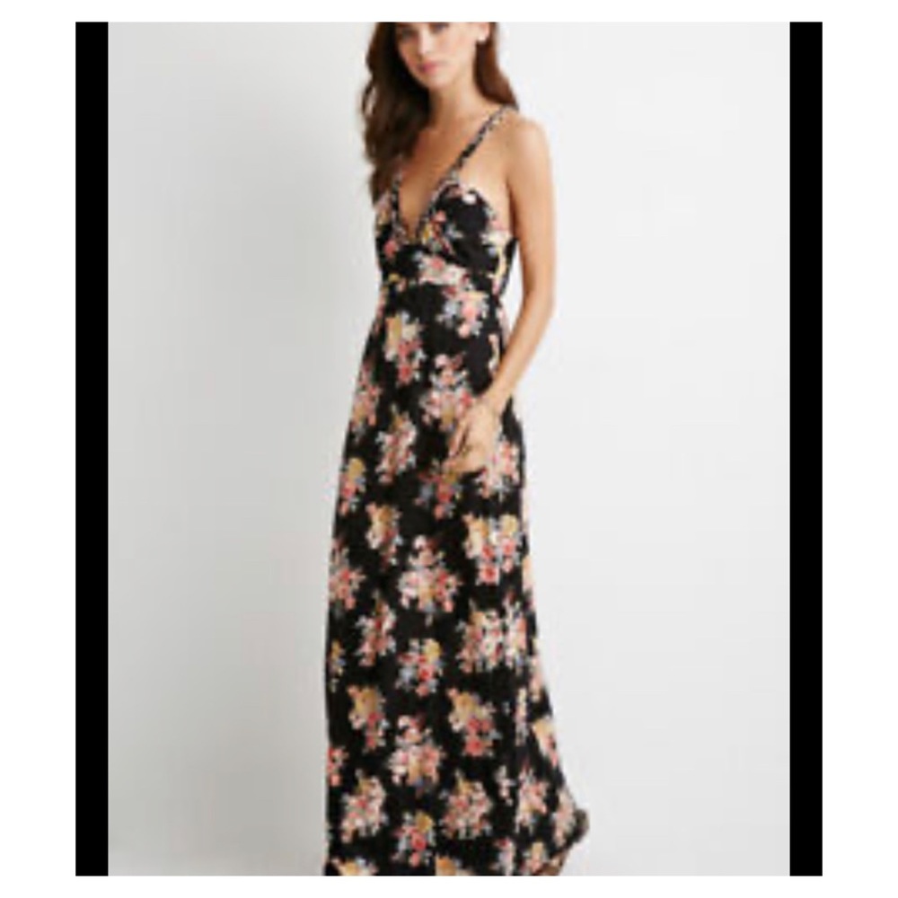 Forever 21 long floral black with red/brown flower dress size Small . Wore once